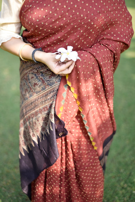 Ajrakh Bandhani Saree | Munga Silk | Handmade| Natural Dye | Traditional Saree | Red & Black | Rudhvay