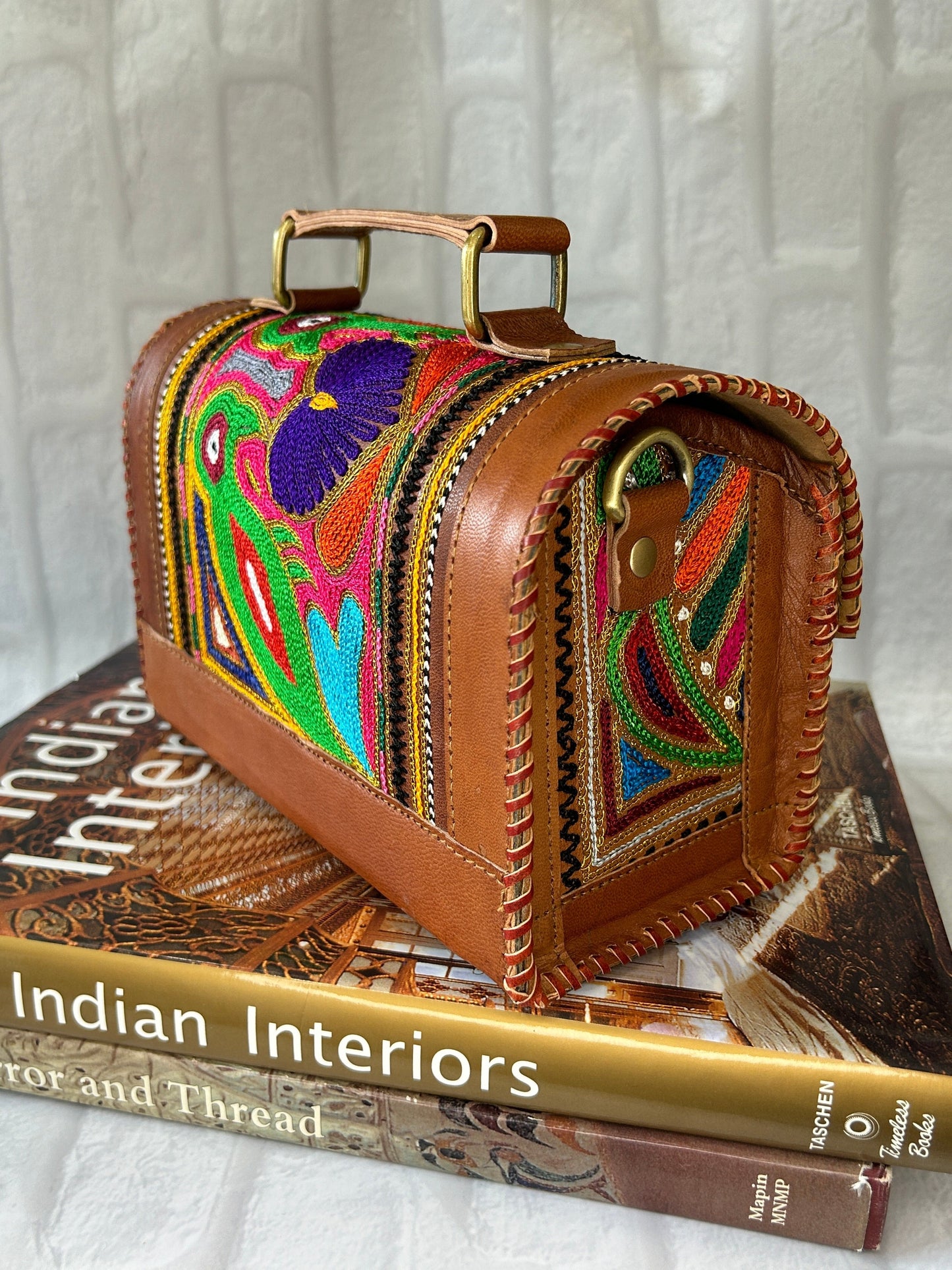 Rudhvay Hand-Crafted And Embroidery Leather Hut Bag (Medium)