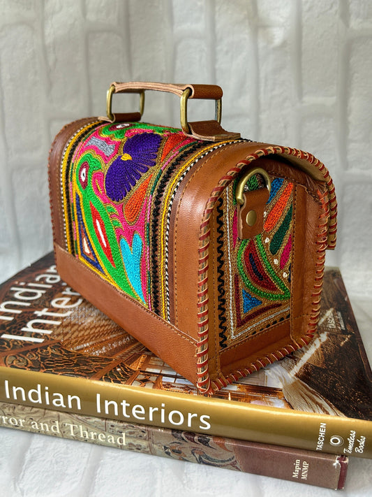 Rudhvay Hand-Crafted And Embroidery Leather Hut Bag (Medium)