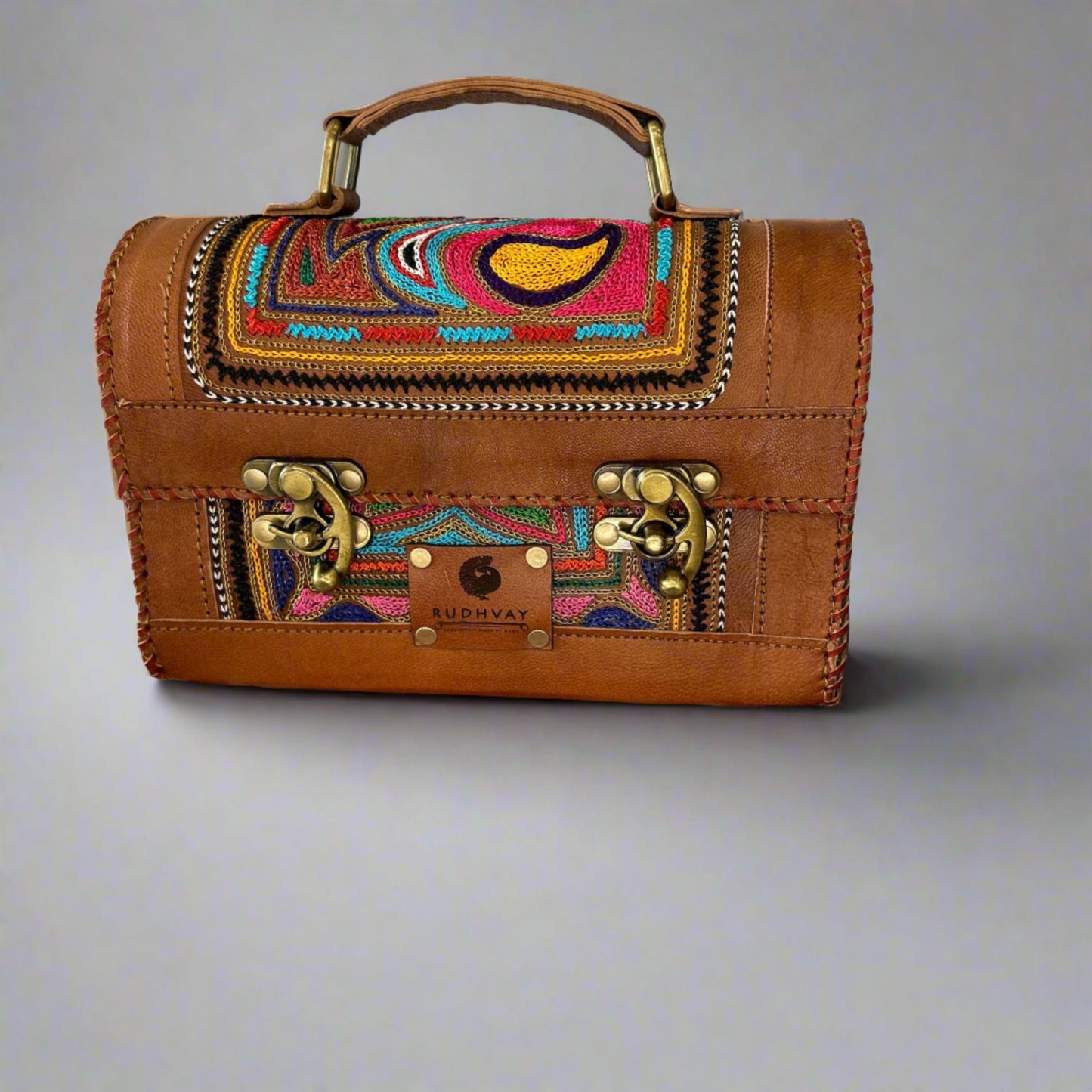 Rudhvay Hand-Crafted And Embroidery Leather Hut Bag (Medium)