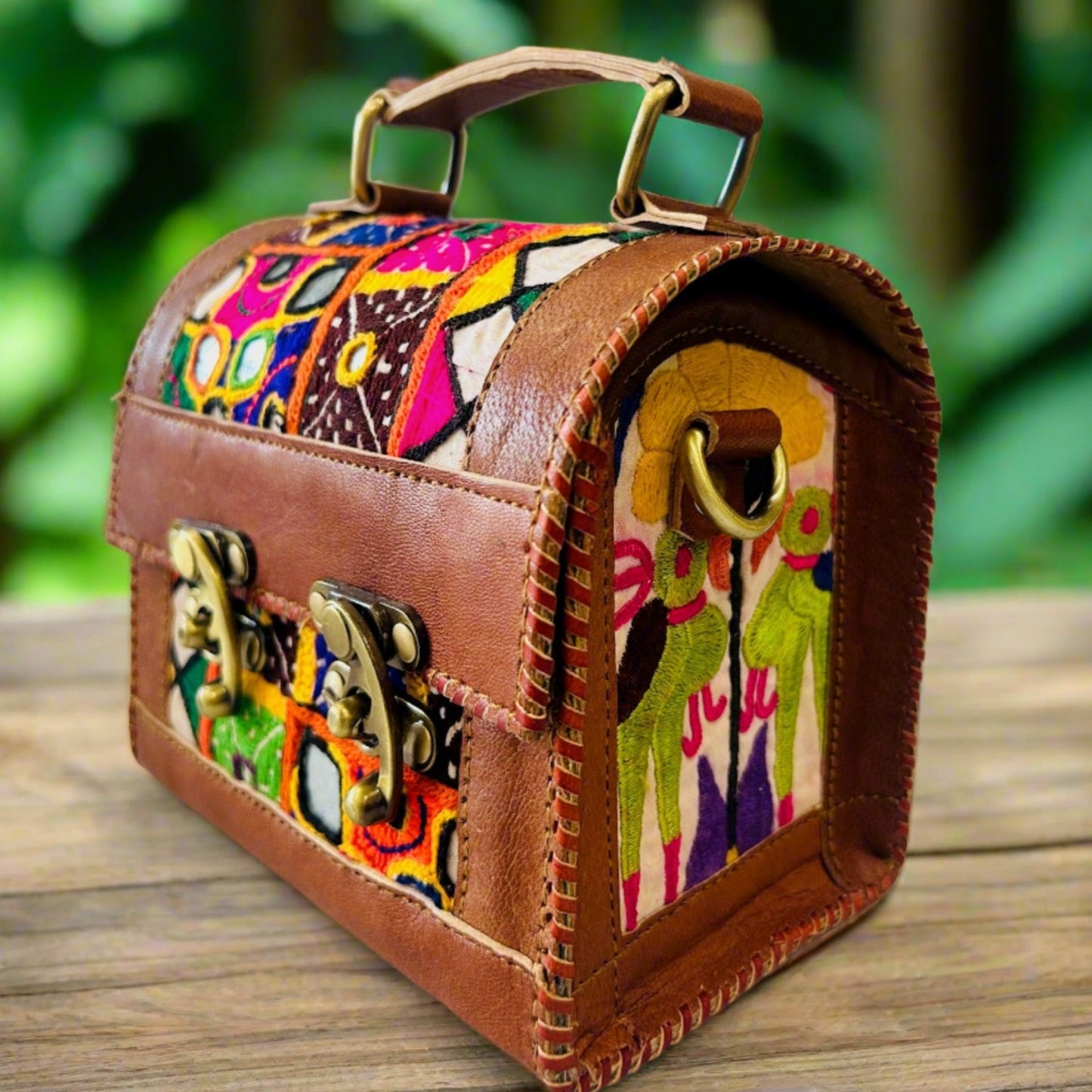 Rudhvay Hand-Crafted And Embroidery Leather Hut Bag (Small)