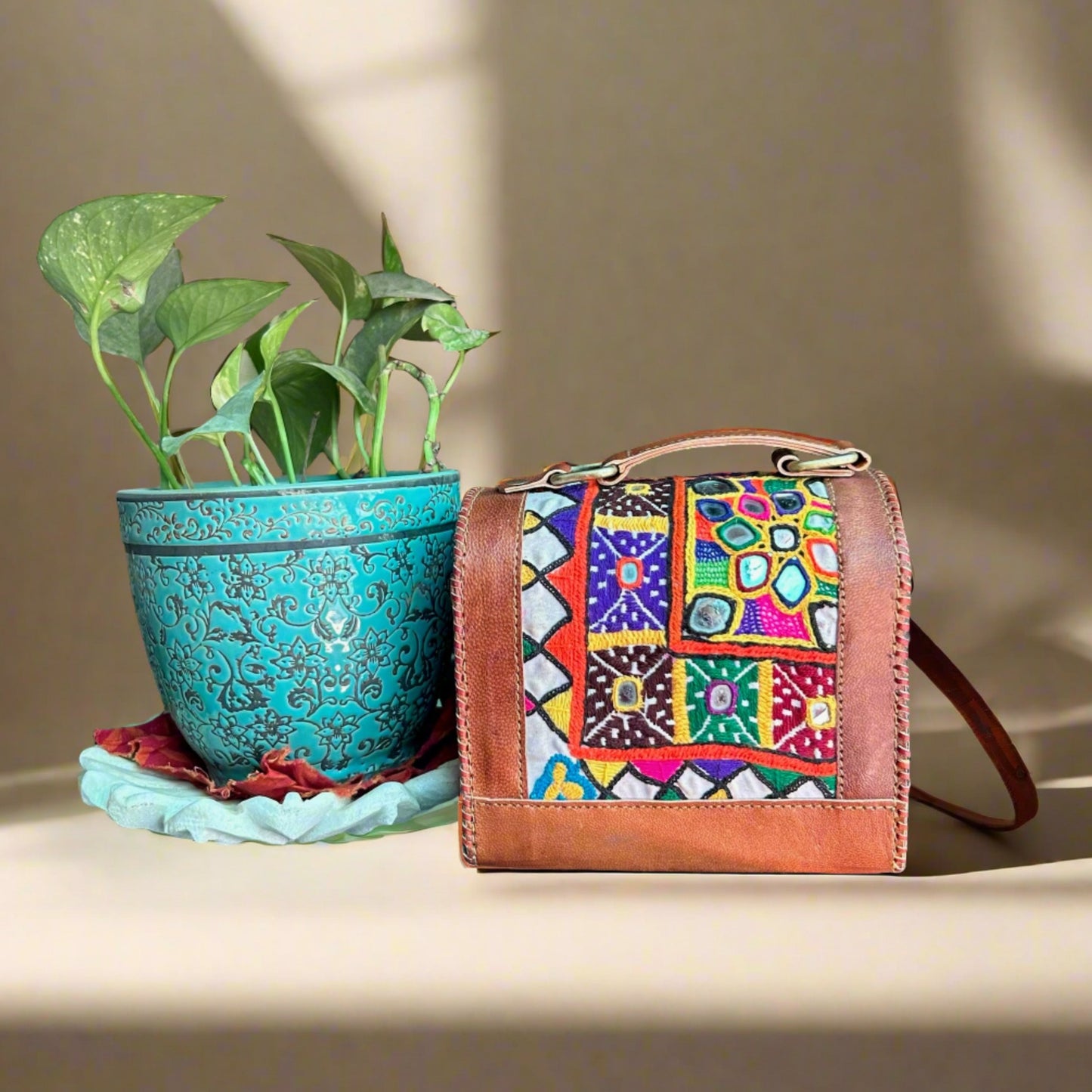 Rudhvay Hand-Crafted And Embroidery Leather Hut Bag (Small)