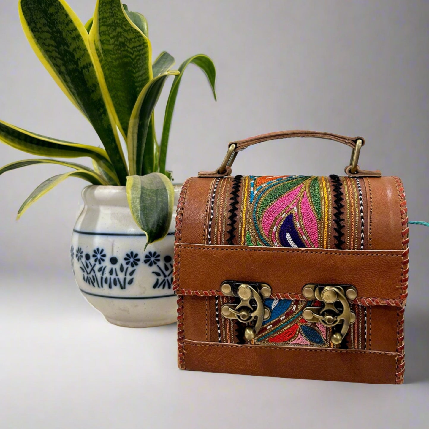 Rudhvay Hand-Crafted And Embroidery Leather Hut Bag (Small)